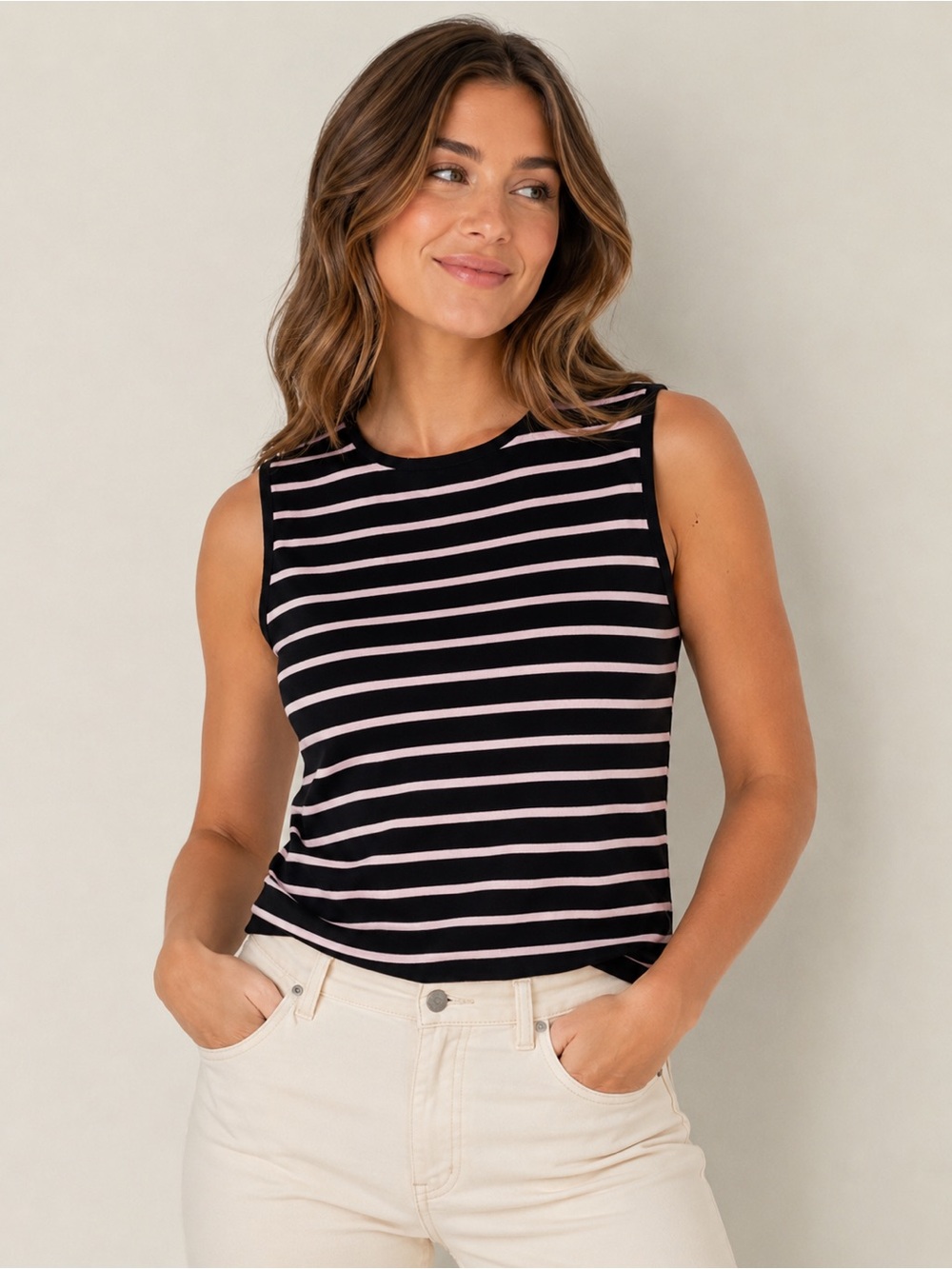 Exclusively Misook Pink Black Striped Sleeveless Knit Classic Capsule Chic Sz M